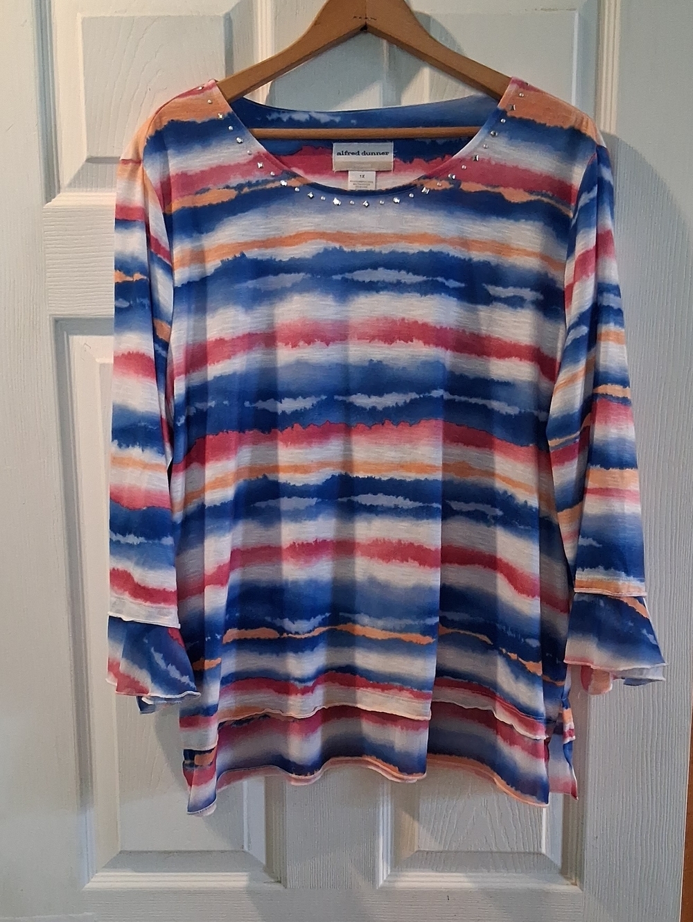 Alfred Dunner Women's Striped Jewel-Neck Long Sleeve Top - Blue Multi